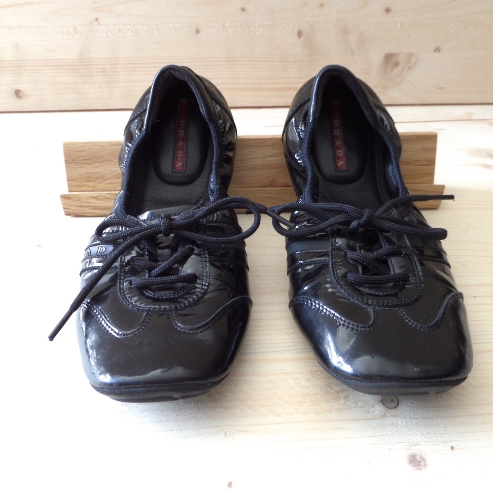 Prada Black Patent Leather  Lace-up Ballet flats